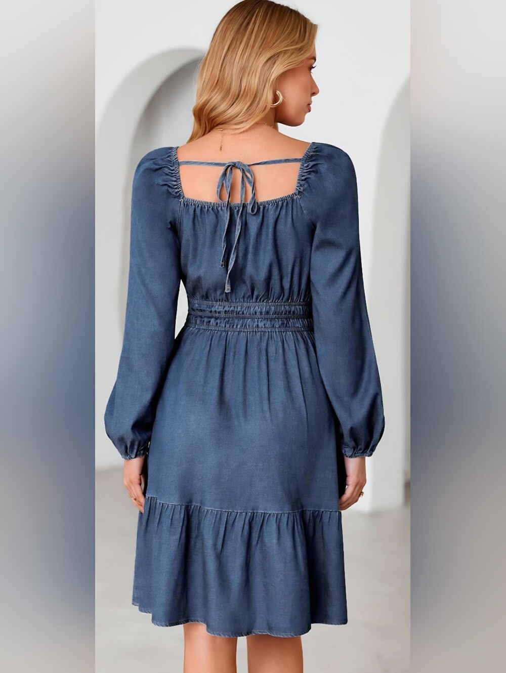 NWT Denim Blue Lyocell Smocked Waist A-Line Dress Size Large - Picture 2 of 6